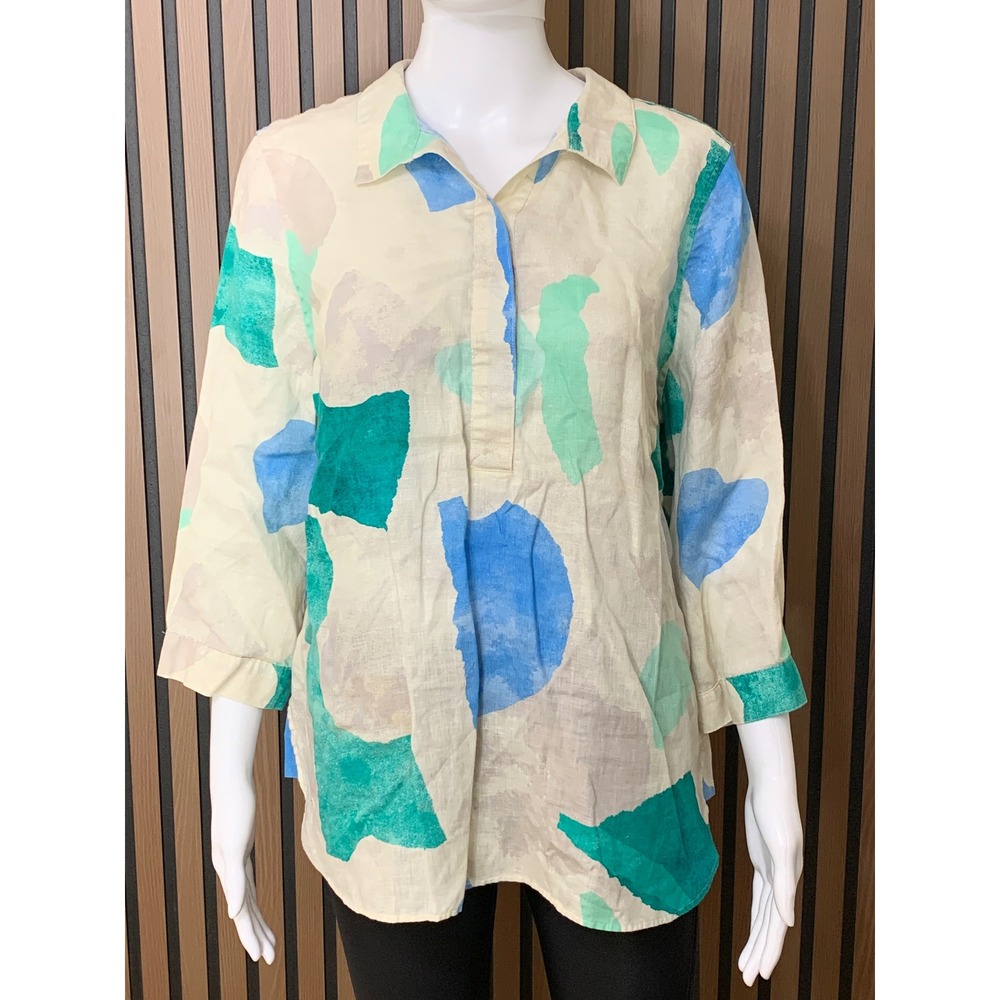 Chicos Women's 100% Linen Abstract Watercolor Tunic Top Blue Teal Size 1 M US 8